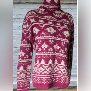 Sonoma Women's Burgundy and Cream Patterned Turtleneck Sweater